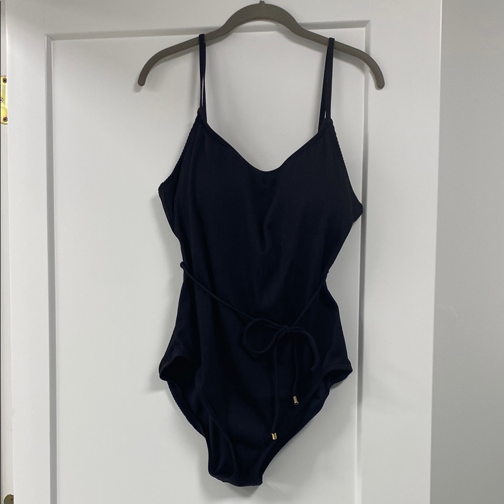 Loft Black One-Piece Swimsuit with Belt ribbed material